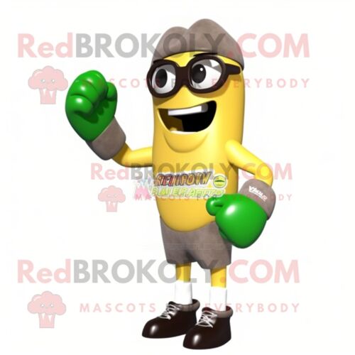 Personnage De Costume De Mascotte Redbrokoly Olive Boxing Glove Habillé D'une Robe De Soirée Et De Lunettes De Lecture