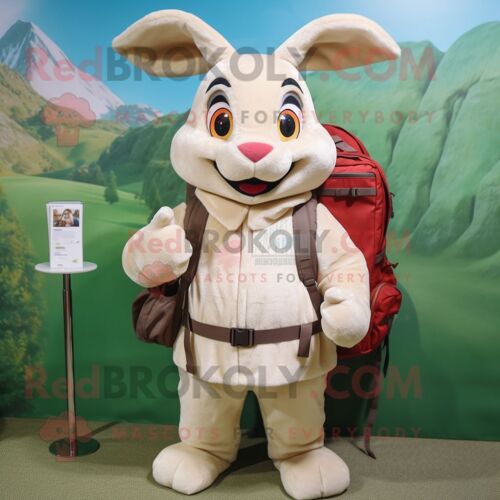 Personnage De Costume De Mascotte Redbrokoly De Lapin Sauvage Crème Habillé D'un Col Roulé Et De Sacs À Dos