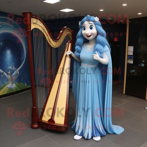 Personnage De Costume De Mascotte Redbrokoly De Harpe Celtique Bleu Ciel Habillé D'une Robe Longue Et De Boucles D'oreilles