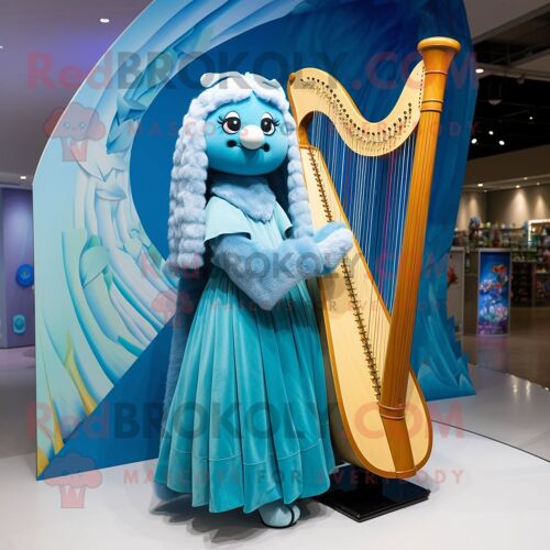 Personnage De Costume De Mascotte Redbrokoly De Harpe Celtique Bleu Ciel Habillé D'une Robe Longue Et De Boucles D'oreilles