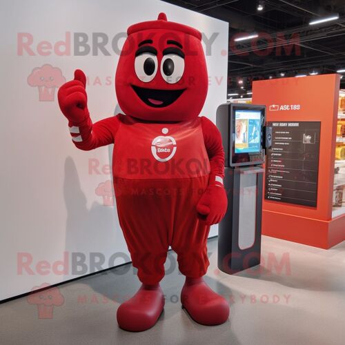 Personnage De Costume De Mascotte Redbrokoly De Gant De Boxe Rouge Habillé D'une Robe Fourreau Et De Montres Numériques