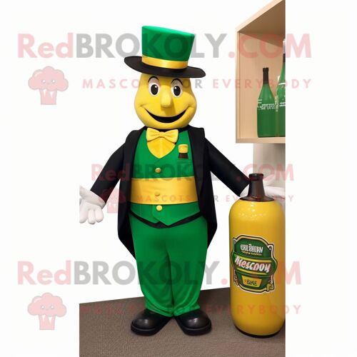 Personnage De Costume De Mascotte Redbrokoly De Bouteille Verte De Moutarde Habillé D'un Smoking Et De Ceintures