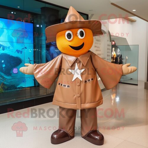 Personnage De Costume De Mascotte Redbrokoly D'étoile De Mer Marron Habillé D'un Imperméable Et De Casquettes