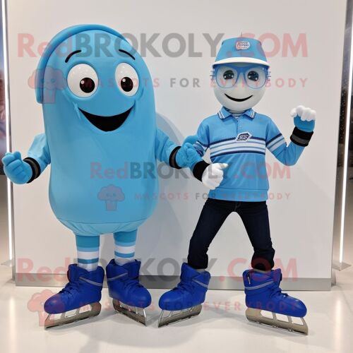 Personnage De Costume De Mascotte Redbrokoly De Paire De Patins À Glace Bleu Ciel Habillé D'un Jean Et De Montres Intelligentes