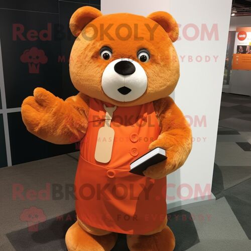 Personnage De Costume De Mascotte Redbrokoly D'ours Orange Habillé D'une Robe Trapèze Et De Portefeuilles