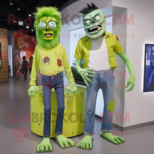 Personnage De Costume De Mascotte Redbrokoly De Mort-Vivant Vert Lime Habillé D'un Jean Mom Et De Montres Numériques