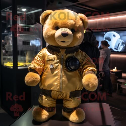 Personnage De Costume De Mascotte Redbrokoly D'ours En Peluche Jaune Habillé D'un Blouson Aviateur Et De Montres
