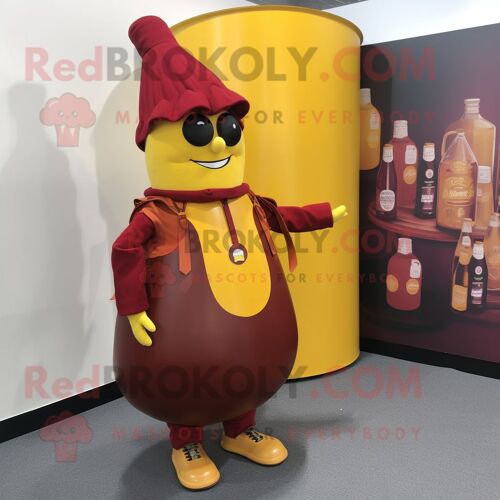 Personnage De Costume De Mascotte Redbrokoly De Bouteille De Moutarde Marron Habillé D'un Gilet Et De Sacs À Main