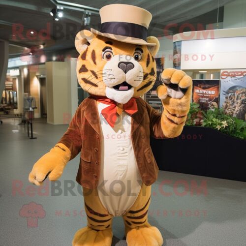 Personnage De Costume De Mascotte Redbrokoly De Tigre À Dents De Sabre Beige Vêtu D'une Robe Et De Chapeaux