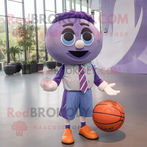 Personnage De Costume De Mascotte Redbrokoly De Ballon De Basket Violet Habillé D'une Chemise En Jean Et De Noeuds Papillon