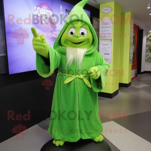 Personnage De Costume De Mascotte Redbrokoly De Sorcier Vert Lime Habillé D'une Robe Portefeuille Et De Wraps