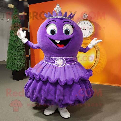 Personnage De Costume De Mascotte Redbrokoly De Montre-Bracelet Violet Habillé D'une Robe De Bal Et D'enveloppes