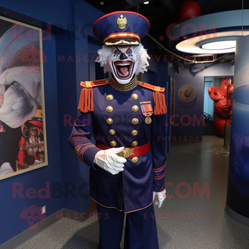Personnage De Costume De Mascotte Redbrokoly De Clown Maléfique Bleu Marine Habillé D'une Robe Taille Empire Et De Casquettes