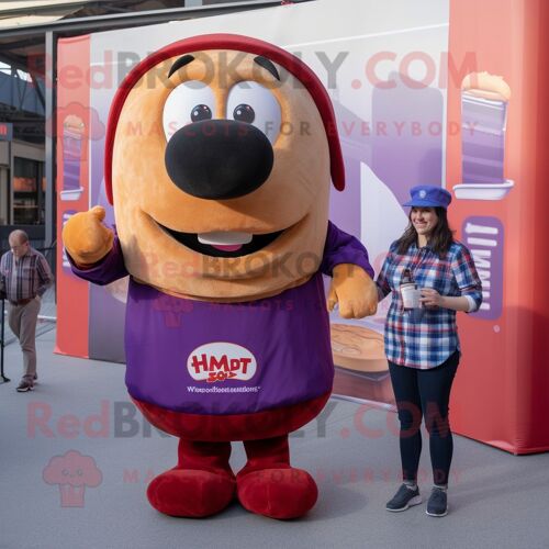 Personnage De Costume De Mascotte Redbrokoly Hot Dog Violet Vêtu D'une Chemise En Flanelle Et De Montres Intelligentes