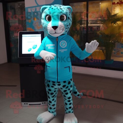 Mascotte Redbrokoly De Personnage De Léopard Turquoise Habillé D'un Pull Et De Montres Digitales