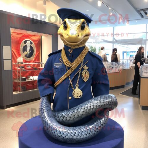 Personnage De Costume De Mascotte Redbrokoly De Serpent Bleu Marine Habillé D'un Coupe-Vent Et De Colliers