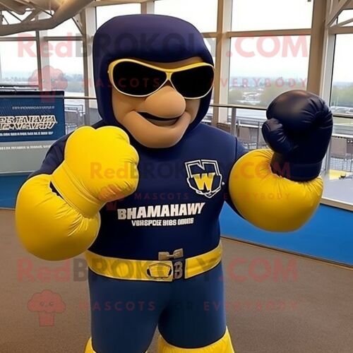 Personnage De Costume De Mascotte Redbrokoly De Gant De Boxe Bleu Marine Habillé D'un Blouson Aviateur Et De Lunettes De Soleil