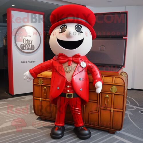 Personnage De Costume De Mascotte Redbrokoly De Coffre Au Trésor Rouge Habillé D'une Veste De Costume Et De Bérets