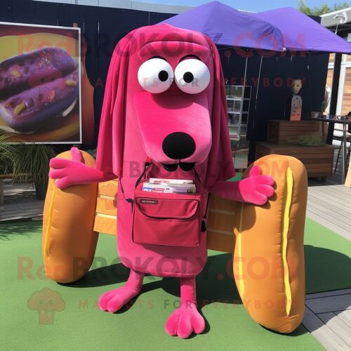 Personnage De Costume De Mascotte Redbrokoly Magenta Hot Dog Habillé Avec Un Short Cargo Et Des Sacs Fourre-Tout