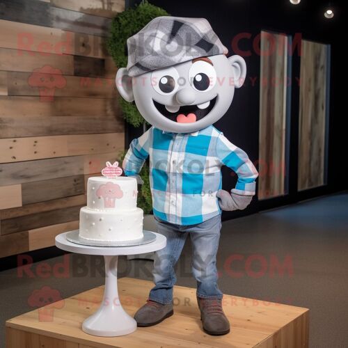 Personnage De Costume De Mascotte Redbrokoly De Gâteau De Mariage Gris Habillé D'une Chemise En Flanelle Et De Bandeaux