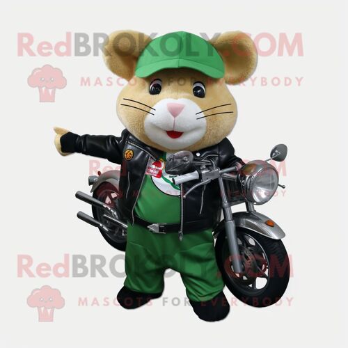 Mascotte Redbrokoly De Personnage De Hamster Vert Habillé D'une Veste De Motard Et De Sacs Fourre-Tout