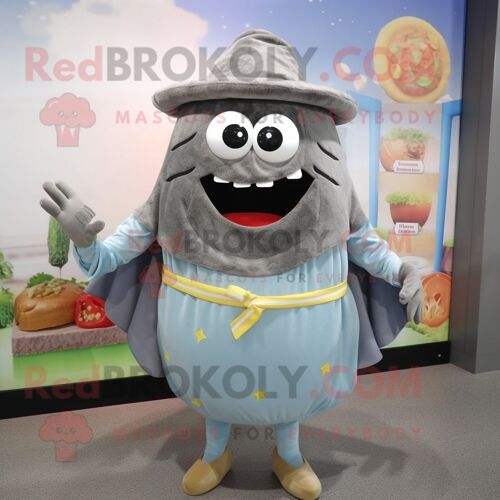 Personnage De Costume De Mascotte Redbrokoly Hamburger Gris Habillé Avec Un Short En Jean Et Des Épingles À Châle