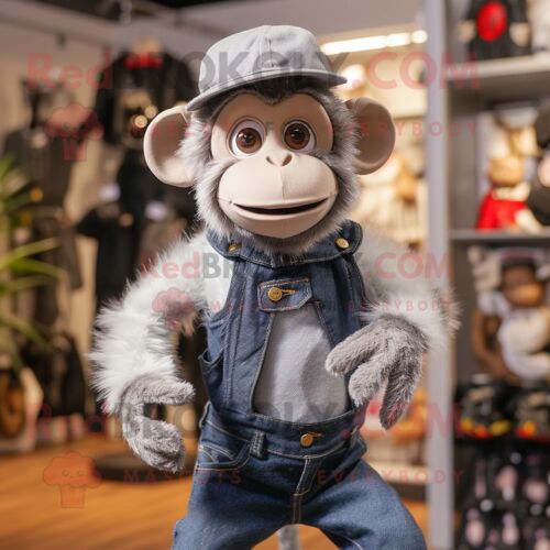 Mascotte Redbrokoly De Personnage Silver Monkey Habillé D'un Jean Bootcut Et De Clips D'écharpe