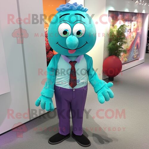 Personnage De Costume De Mascotte Redbrokoly Turquoise Plum Vêtu D'une Chemise Boutonnée Et De Cravates
