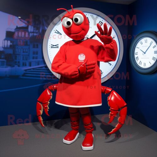 Personnage De Costume De Mascotte Redbrokoly De Homard Rouge Habillé D'une Jupe Circulaire Et De Montres Numériques