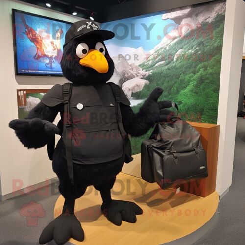 Personnage De Costume De Mascotte Redbrokoly De Poules Noires Habillé D'un Sweat À Capuche Et De Sacs Messenger