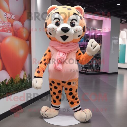 Personnage De Costume De Mascotte Redbrokoly Peach Leopard Habillé D'un Jogging Et D'écharpes