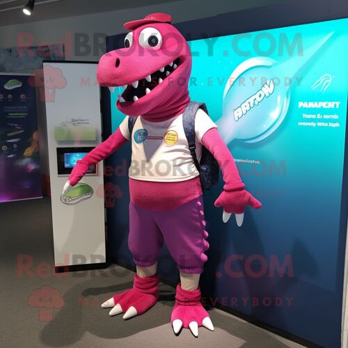 Personnage De Costume De Mascotte Redbrokoly Magenta Loch Ness Monster Habillé D'un Bermuda Et De Montres Numériques