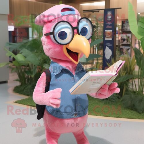 Personnage De Costume De Mascotte Redbrokoly De Pic Rose Habillé D'une Chemise En Jean Et De Lunettes De Lecture