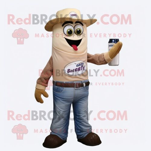Personnage De Costume De Mascotte Redbrokoly Tan Soda Can Habillé Avec Un Jean Et Des Gants