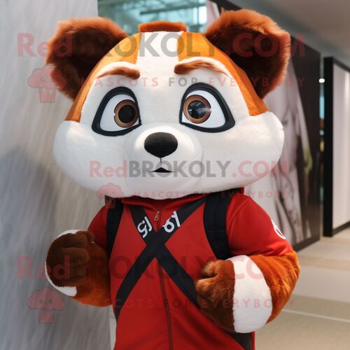 Mascotte Redbrokoly De Personnage De Panda Rouge Blanc Vêtu D'une Combinaison Et De Boucles D'oreilles