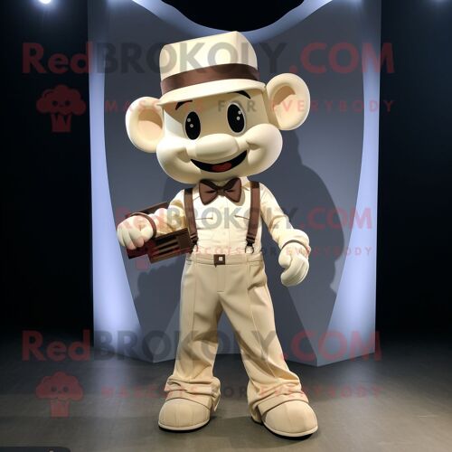 Personnage De Costume De Mascotte Redbrokoly De Télévision Crème Habillé Avec Un Pantalon Cargo Et Des Noeuds Papillon
