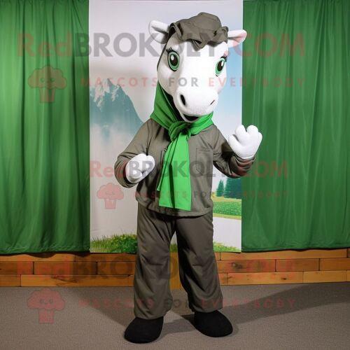 Personnage De Costume De Mascotte Redbrokoly De Jument Vert Forêt Habillé D'une Chemise En Popeline Et D'écharpes