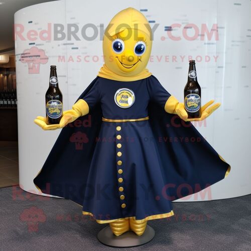 Personnage De Costume De Mascotte Redbrokoly Bouteille De Moutarde Bleu Marine Habillé D'une Jupe Circulaire Et D'épingles À Châle