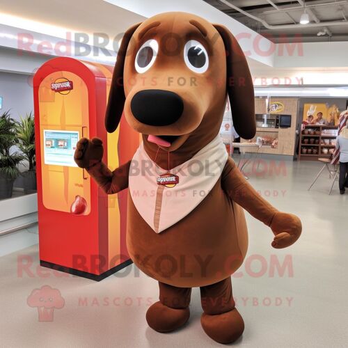Mascotte Redbrokoly De Personnage De Hot-Dog Marron Habillé D'un Chemisier Et D'épinglettes