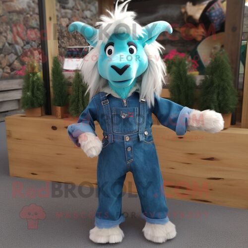 Mascotte Redbrokoly De Personnage De Chèvre Angora Turquoise Vêtu D'une Chemise En Jean Et De Pinces À Cheveux