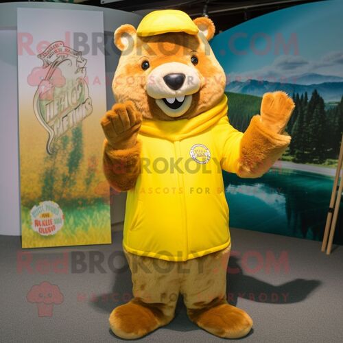 Personnage De Costume De Mascotte Redbrokoly De Castor Jaune Habillé D'un Manteau Et De Mitaines