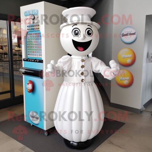 Personnage De Costume De Mascotte Redbrokoly White Gumball Machine Habillé D'une Jupe Crayon Et D'épingles À Chapeau