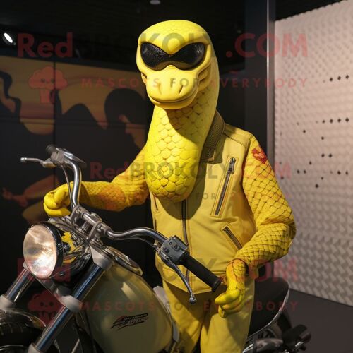 Personnage De Costume De Mascotte Redbrokoly De Python Jaune Citron Habillé D'une Veste De Motard Et De Porte-Clés