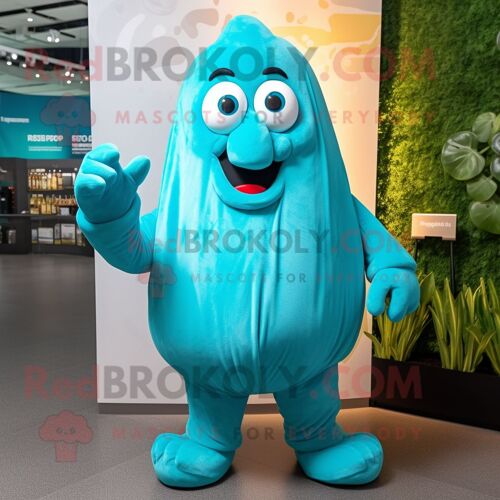 Personnage De Costume De Mascotte Redbrokoly De Pomme De Terre Turquoise Habillé D'une Combinaison Et De Gants