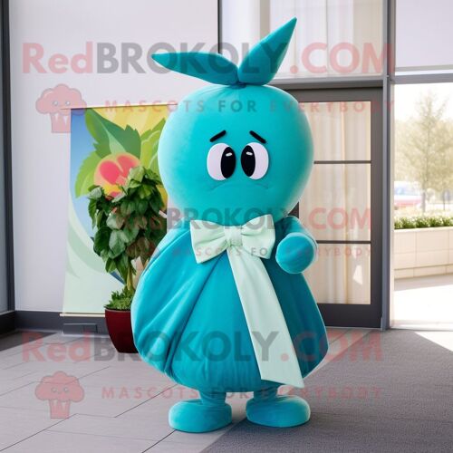 Personnage De Costume De Mascotte Redbrokoly De Radis Bleu Sarcelle Habillé D'une Robe Longue Et De Noeuds Papillon