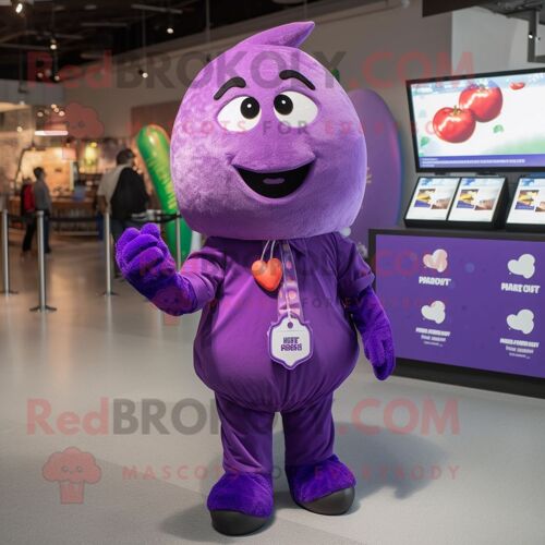 Personnage De Costume De Mascotte Redbrokoly De Prune Violette Habillé D'une Chemise Boutonnée Et De Mitaines