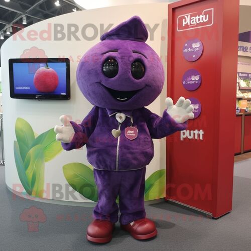 Personnage De Costume De Mascotte Redbrokoly De Prune Violette Habillé D'une Chemise Boutonnée Et De Mitaines
