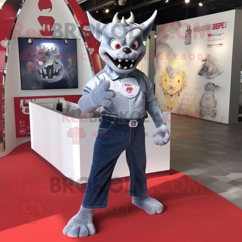 Personnage De Costume De Mascotte Redbrokoly Silver Devil Habillé Avec Un Short En Jean Et Des Porte-Monnaie