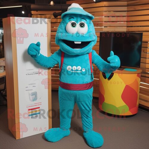 Mascotte Redbrokoly De Paella Turquoise Habillée D'un Pantalon En Velours Côtelé Et De Montres Digitales