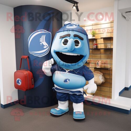 Personnage De Costume De Mascotte Redbrokoly Blue Pepper Habillé D'un Maillot De Rugby Et De Portefeuilles